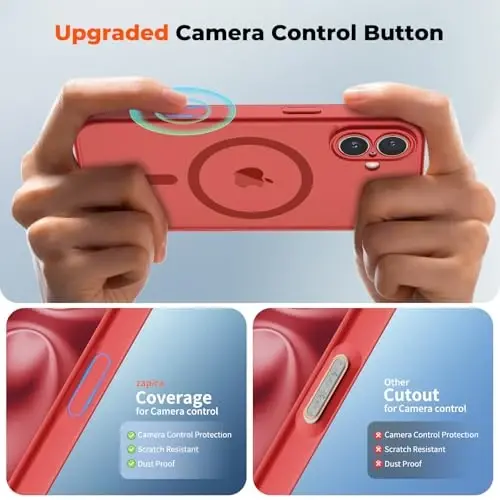 zapica Magnetic for iPhone 16 Plus Case, Upgraded [Camera Control Button] [Full Camera Protection] [with 1 Screen Protector] Translucent Matte Shockproof Protective Phone Cover, Bright Red - 4