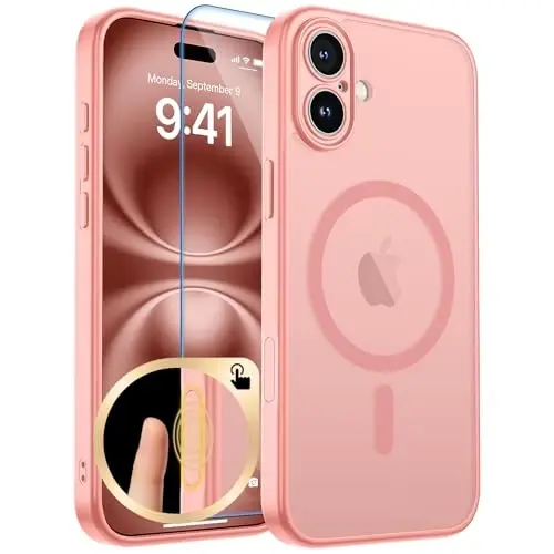 zapica Magnetic for iPhone 16 Plus Case, Upgraded [Camera Control Button] [Full Camera Protection] [with 1 Screen Protector] Translucent Matte Shockproof Protective Phone Cover, Orange Pink - 1