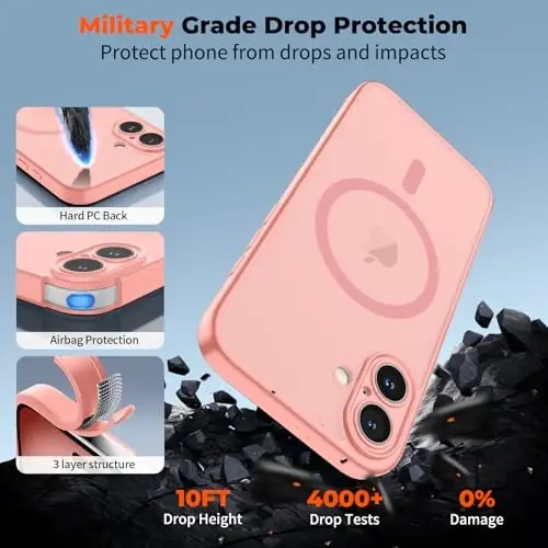 zapica Magnetic for iPhone 16 Plus Case, Upgraded [Camera Control Button] [Full Camera Protection] [with 1 Screen Protector] Translucent Matte Shockproof Protective Phone Cover, Orange Pink - 6