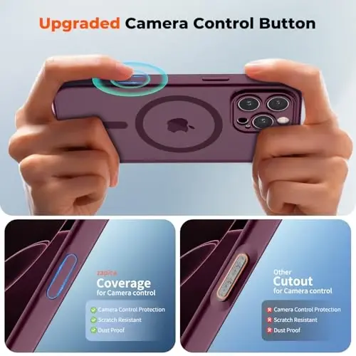 zapica Magnetic for iPhone 16 Pro Case, Burgundy | Upgraded Camera Control Button, Full Camera Protection, with Screen Protector, Translucent Matte Shockproof Phone Cover - 4