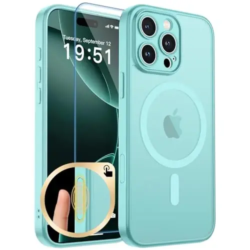 zapica Magnetic for iPhone 16 Pro Max Case, Upgraded [Camera Control Button] [Full Camera Protection] [with 1 Screen Protector] Translucent Matte Shockproof Protective Phone Cover, Aqua Green 