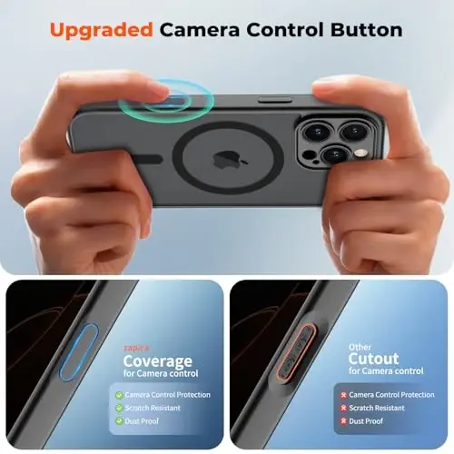 zapica Magnetic for iPhone 16 Pro Max Case, Upgraded [Camera Control Button] [Full Camera Protection] [with 1 Screen Protector] Translucent Matte Shockproof Protective Phone Cover, Midnight Black - 4