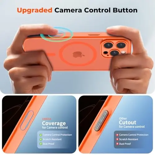 zapica Magnetic for iPhone 16 Pro Max Case, Upgraded [Camera Control Button] [Full Camera Protection] [with 1 Screen Protector] Translucent Matte Shockproof Protective Phone Cover, Bright Orange - 4