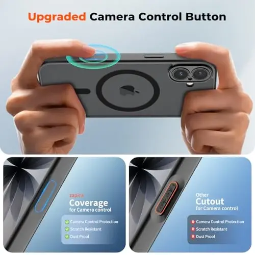 zapica Magnetic for iPhone 17 Case, Upgraded [Camera Control Button] [Full Camera Protection] [with 1 Screen Protector] Translucent Matte Shockproof Protective Phone Cover, Midnight Black - 4