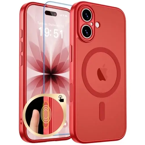 zapica Magnetic for iPhone 17 Case, Bright Red | Upgraded Camera Control Button, Full Camera Protection, with Screen Protector, Translucent Matte Shockproof Phone Cover 