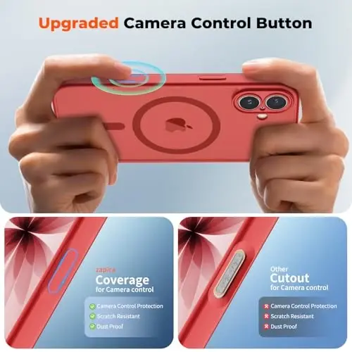 zapica Magnetic for iPhone 17 Case, Bright Red | Upgraded Camera Control Button, Full Camera Protection, with Screen Protector, Translucent Matte Shockproof Phone Cover - 4