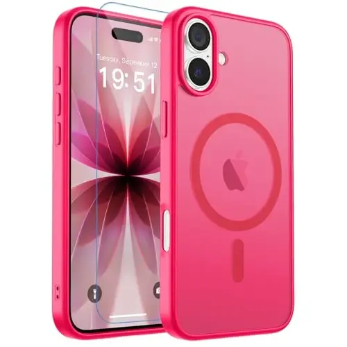 zapica Magnetic for iPhone 17 Case, with [Tempered Glass Screen Protector] [Compatible with MagSafe] Translucent Matte Shockproof Anti-Scratch Phone Cover, Hot Pink 