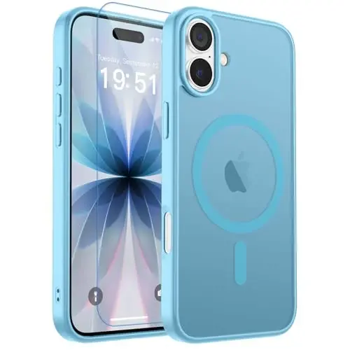 zapica Manyetik iPhone 17 Kılıfı, [Temperli Cam Ekran Koruyucu ile] [MagSafe ile Uyumlu] Yarı Saydam Mat Darbeye Dayanıklı Çizilmez Telefon Kılıfı, Açık Mavi 