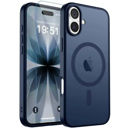 zapica Manyetik iPhone 17 Kılıfı, [Temperli Cam Ekran Koruyucu] [MagSafe Uyumlu] Yarı Saydam Mat Darbeye Dayanıklı Çizilmez Telefon Kılıfı, Lacivert 