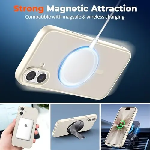 zapica Magnetic for iPhone 17 Case, with [Tempered Glass Screen Protector] [Compatible with MagSafe] Translucent Matte Shockproof Anti-Scratch Phone Cover, Antique White - 3