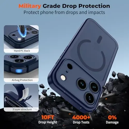 zapica Magnetic for iPhone 17 Pro Case, Deep Blue | Upgraded Camera Control Button, Full Camera Protection, with Screen Protector, Translucent Matte Shockproof Phone Cover - 6