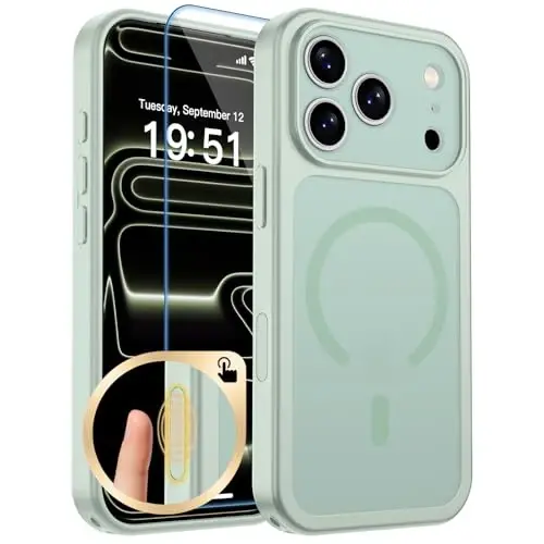 zapica Magnetic for iPhone 17 Pro Case, Light Green | Upgraded Camera Control Button, Full Camera Protection, with Screen Protector, Translucent Matte Shockproof Phone Cover 