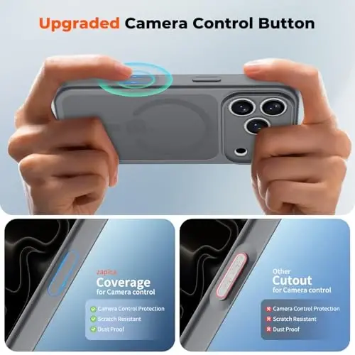zapica Magnetic for iPhone 17 Pro Max Case, Gray | Upgraded Camera Control Button, Full Camera Protection, with Screen Protector, Translucent Matte Shockproof Phone Cover - 4
