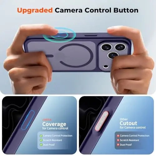 zapica Magnetic for iPhone 17 Pro Max Case, Upgraded [Camera Control Button] [Full Camera Protection] [with 1 Screen Protector] Translucent Matte Shockproof Protective Phone Cover, Deep Purple - 4
