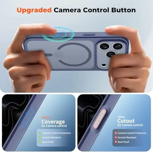 zapica Magnetic for iPhone 17 Pro Max Case, Upgraded [Camera Control Button] [Full Camera Protection] [with 1 Screen Protector] Translucent Matte Shockproof Protective Phone Cover, Blue Gray - 4