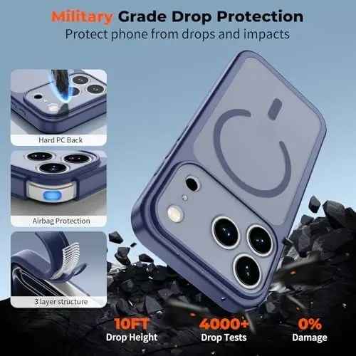 zapica Magnetic for iPhone 17 Pro Max Case, Upgraded [Camera Control Button] [Full Camera Protection] [with 1 Screen Protector] Translucent Matte Shockproof Protective Phone Cover, Blue Gray - 6