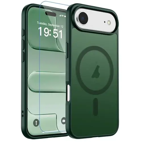 zapica Magnetic for iPhone Air Case, with [Tempered Glass Screen Protector] [Compatible with MagSafe] Translucent Matte Shockproof Anti-Scratch Phone Cover, Forest Green 