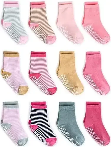 ZAPLES Baby Non Slip Grip Crew Socks with Anti Skid Soles for Infants Toddlers Kids Boys Girls - ZAPLES