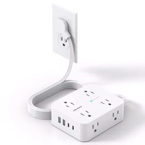 Zararni himoya qiluvchi elektr tarqatgichi, ko'p rozetkali uzatma simi, 5 fut ultra ingichka tekis vilka 8 rozetka 4 USB porti (2USB C), 1080J ko'p rozetkali uzatma simi uy, ofis, kollej, yotoqxonasi uchun zaruriy jihozlar - HANYCONY