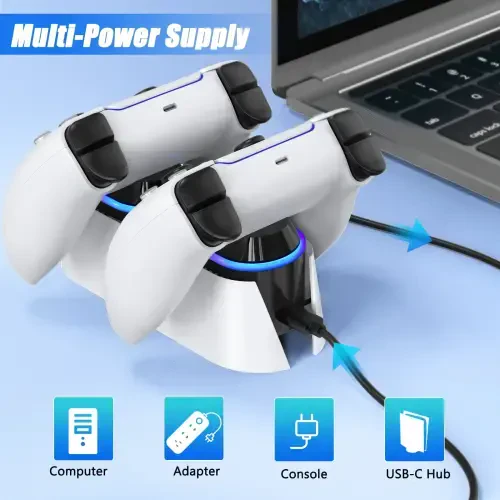 Зарядное устройство для контроллера PS5, зарядная станция для двух контроллеров Playstation 5 Dualsense, зарядная станция PS5 со светодиодным индикатором/кабель для быстрой зарядки (белый) - CSHIDWORLD (1)