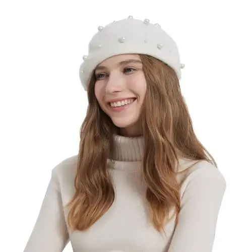 ZARSIO Women Beret Pearl Elegant Sweet Artist French Style Beret Beanie Cap - 2