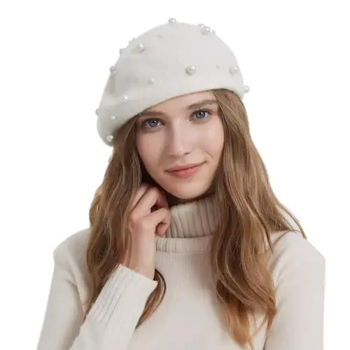 ZARSIO Women Beret Pearl Elegant Sweet Artist French Style Beret Beanie Cap - 3