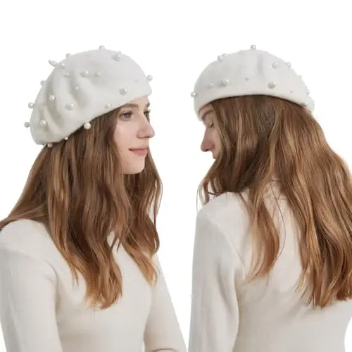 ZARSIO Women Beret Pearl Elegant Sweet Artist French Style Beret Beanie Cap - 4