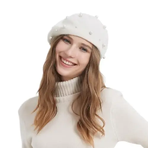 ZARSIO Women Beret Pearl Elegant Sweet Artist French Style Beret Beanie Cap - 6