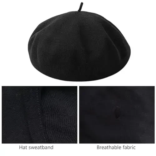 ZARSIO Cotton French Beret Hat Summer Knitted Soft Thin Beret Hat Slouchy Loose Painters Hat Solid Color for Women 