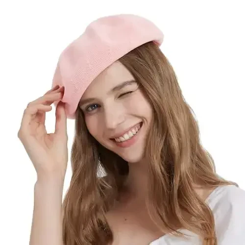 ZARSIO Summer French Beret Breathable Thin Beret Hat Solid Color Beanie for Women Lady - 4