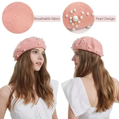 ZARSIO Summer French Pearl Beret Breathable Thin Beret Hat Beanie for Women Lady - 4