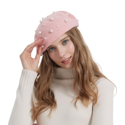 ZARSIO Women Beret Pearl Elegant Sweet Artist French Style Beret Beanie Cap - 4