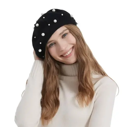 ZARSIO Women Beret Pearl Elegant Sweet Artist French Style Beret Beanie Cap - 4