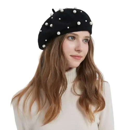 ZARSIO Women Beret Pearl Elegant Sweet Artist French Style Beret Beanie Cap - 3