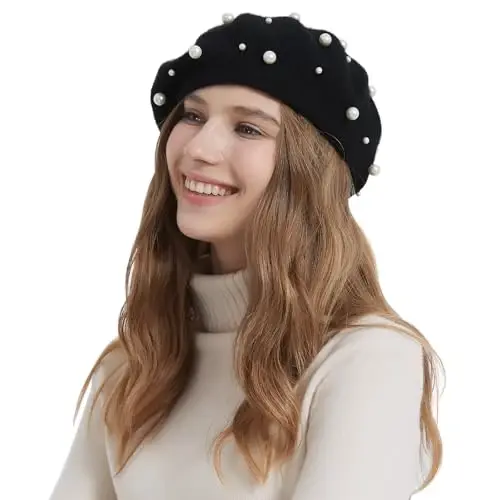 ZARSIO Women Beret Pearl Elegant Sweet Artist French Style Beret Beanie Cap - 2