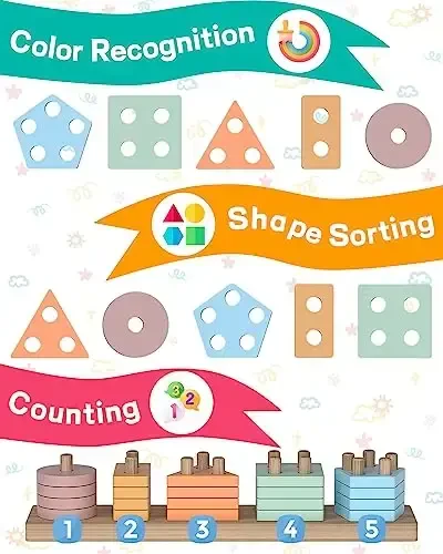 Zartores Montessori Toys for 1 2 3 Year Old Boys Girls Gifts, Wooden Shape Sorter Toys for Ages 2-4, Toddler Learning Toy Puzzles Birthday Gift Ages 1-3 - 2
