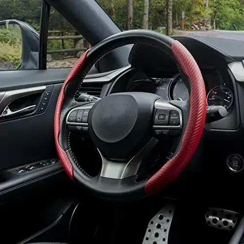 Защитный чехол для рулевого колеса Amiss из углеродного волокна, антискользящий, универсальный чехол для руля с сегментированным мотивом бабочки, аксессуары для салона автомобиля (красный) - 6