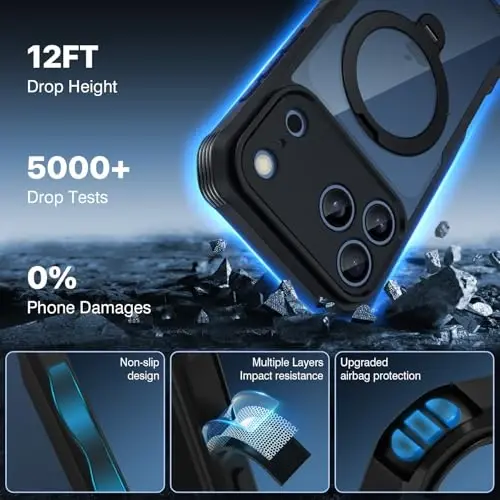 Защитный чехол с подставкой для iPhone 17 Pro Max, совместимый с MagSafe, чехол для всего корпуса со встроенным защитным экраном из закаленного стекла 9H с функцией конфиденциальности и вращающимся на 360° магнитным кольцом-подставкой — черный - 3