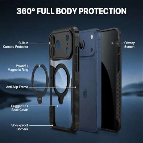 Защитный чехол с подставкой для iPhone 17 Pro Max, совместимый с MagSafe, чехол для всего корпуса со встроенным защитным экраном из закаленного стекла 9H с функцией конфиденциальности и вращающимся на 360° магнитным кольцом-подставкой — черный - 6
