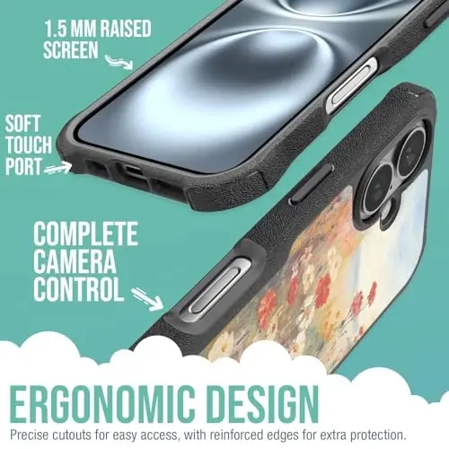 Защитный магнитный чехол Smartish® Gripzilla для iPhone 16, совместимый с MagSafe [Прочный + Жесткий] Усиленный тонкий чехол с защитой при падении для Apple iPhone 16 — Wildflower Fields - 3