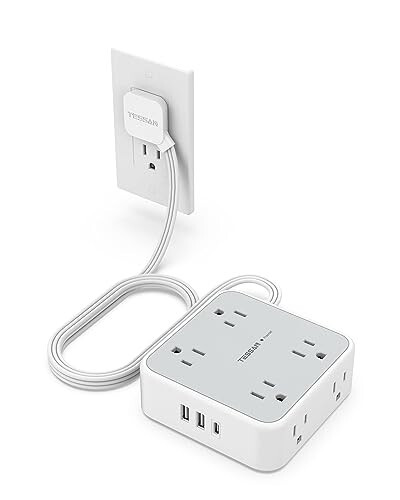 Защитный удлинитель с плоской вилкой, 8 розеток, 3 USB-зарядки (1 порт USB C), 3-сторонняя розетка, 5 футов, 900 джоулей защиты, канцелярские принадлежности, предметы первой необходимости для общежития, серый - 1