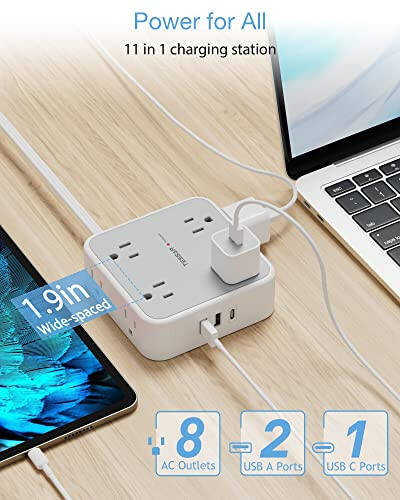 Защитный удлинитель с плоской вилкой, 8 розеток, 3 USB-зарядки (1 порт USB C), 3-сторонняя розетка, 5 футов, 900 джоулей защиты, канцелярские принадлежности, предметы первой необходимости для общежития, серый - 2