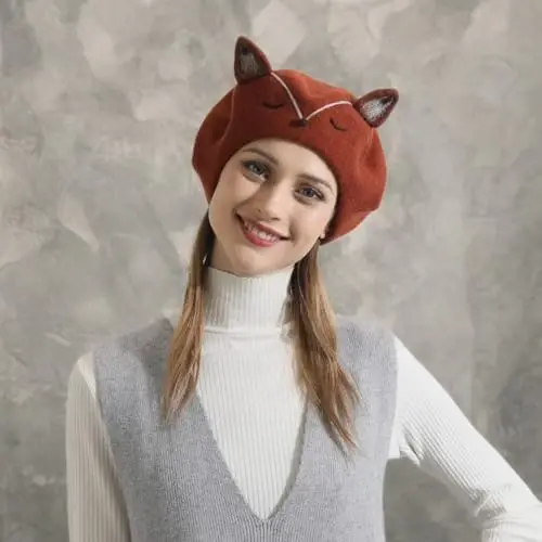 Zasy Wool Beret shapka Qo'lda ishlangan junli kigiz multfilmlar Beanie Fransuz ayollari qizlar shapkasi - 7