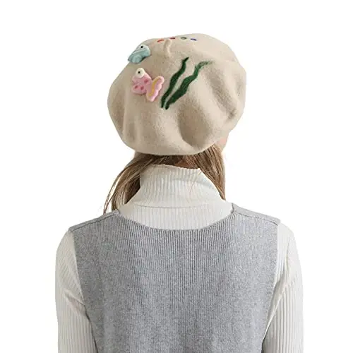 Zasy Wool Beret hat Handmade Wool Felt Cartoons Beanies French Women Girls Cap - 4