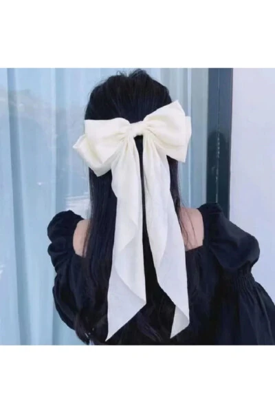 Зажим для волос с бантом - атласный бант - белый бант с длинным хвостом - ELVINEGE AKSESUAR
