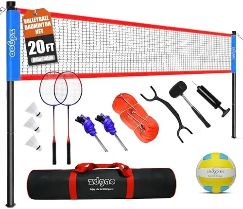 Zdgao Volleyball and Badminton Combo Set for Backyard - 20FT/32FT Volleyball/Badminton Net with Adjustable Height Pole,Anti-Sag System,Volley Ball, Badminton Racquets,Boundary Line and Carry Bag - 1