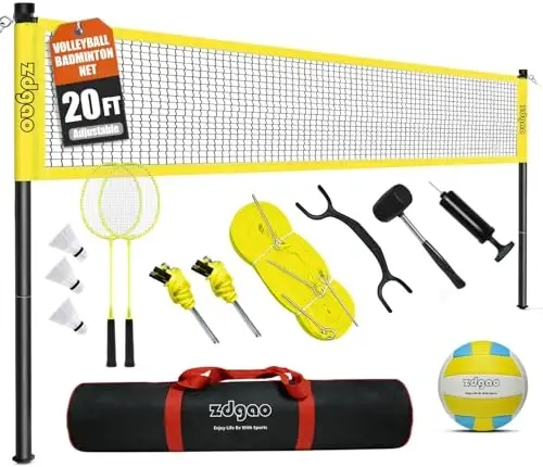 Zdgao Volleyball and Badminton Combo Set for Backyard - 20FT/32FT Volleyball/Badminton Net with Adjustable Height Pole,Anti-Sag System,Volley Ball, Badminton Racquets,Boundary Line and Carry Bag - 1