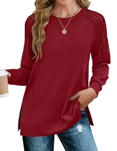Zeagoo Fall Tops for Women 2025 Long Sleeve Shirts Casual Cotton Blouses Dressy Casual Pleated Tunics Sweartshirts - ZEAGOO