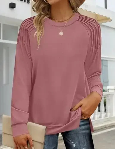 Zeagoo Fall Tops for Women 2025 Long Sleeve Shirts Casual Cotton Blouses Dressy Casual Pleated Tunics Sweartshirts - ZEAGOO (1)