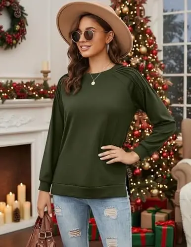 Zeagoo Fall Tops for Women 2025 Long Sleeve Shirts Casual Cotton Blouses Dressy Casual Pleated Tunics Sweartshirts 